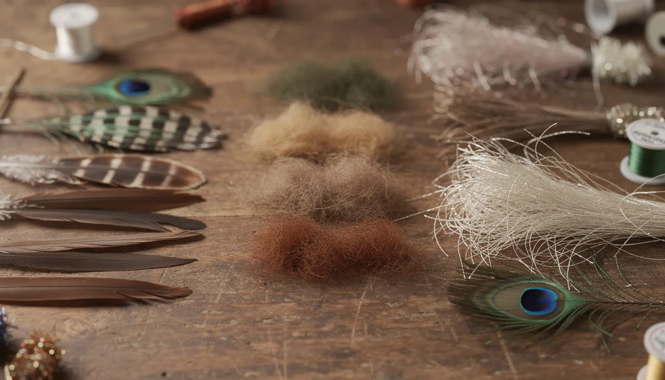 A close-up view of various fly tying materials is displayed on a wooden table, featuring colorful feathers, soft dubbing, and synthetic fibers, all essential for creating unique fly patterns. This assortment of tools and materials is ideal for fly fishermen looking to start tying flies to catch fish, particularly trout or other target species.