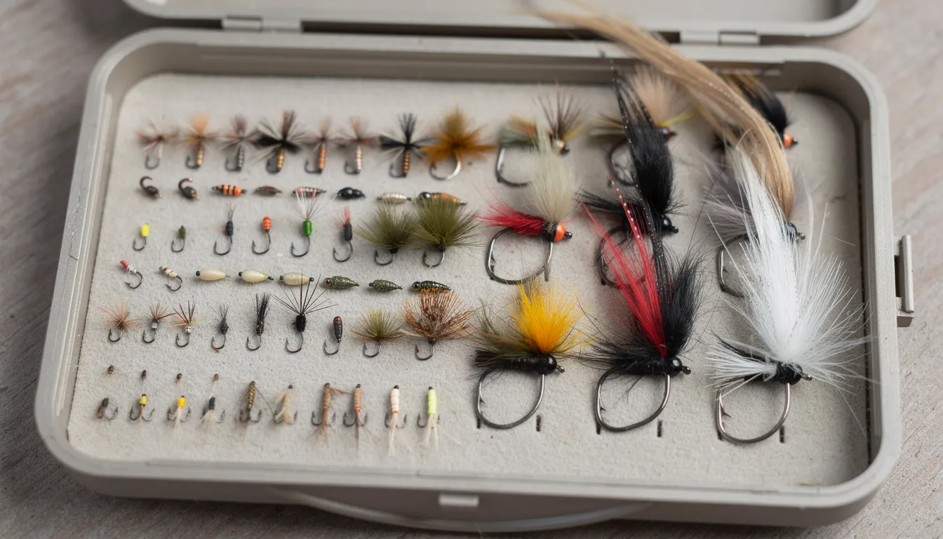 The image features a fly box filled with a variety of completed flies, showcasing different sizes, colors, and styles, from tiny midges to large streamers, ideal for fly fishing. This assortment represents various fly patterns, including wet flies and dry flies, perfect for catching trout and other target species.