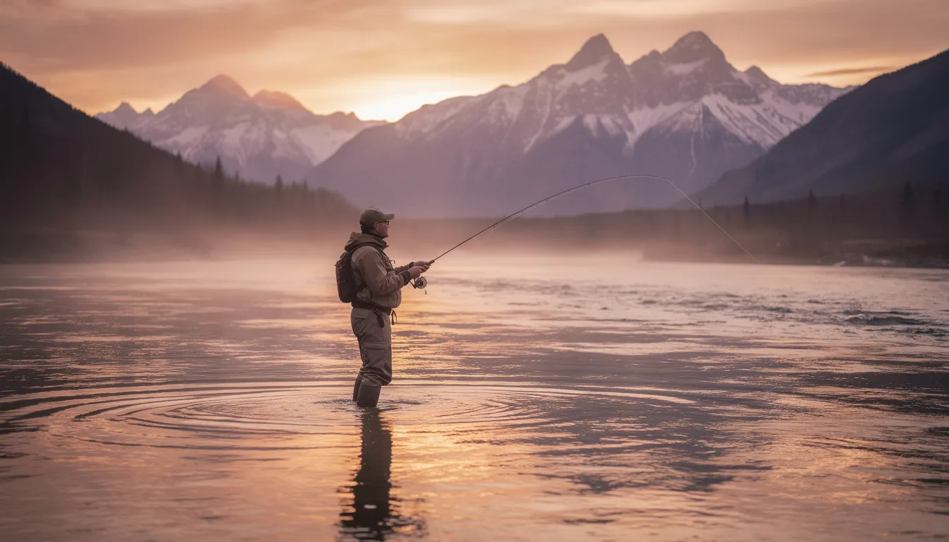 An angler stands in a river at sunset, holding a fly rod, with majestic mountains in the background. This serene scene captures the essence of fly fishing, as the fisherman prepares to cast his line in search of trout, embodying the peaceful pursuit of catching fish in nature.
